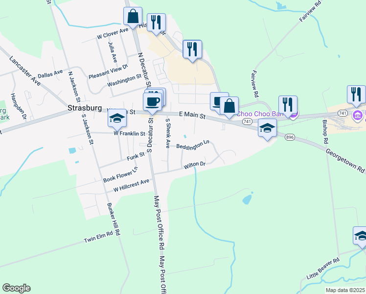 map of restaurants, bars, coffee shops, grocery stores, and more near 90 Beddington Lane in Strasburg