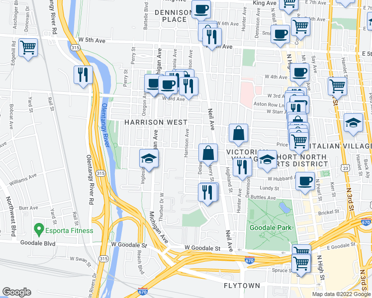 map of restaurants, bars, coffee shops, grocery stores, and more near W 1st Ave & Harrison Ave in Columbus