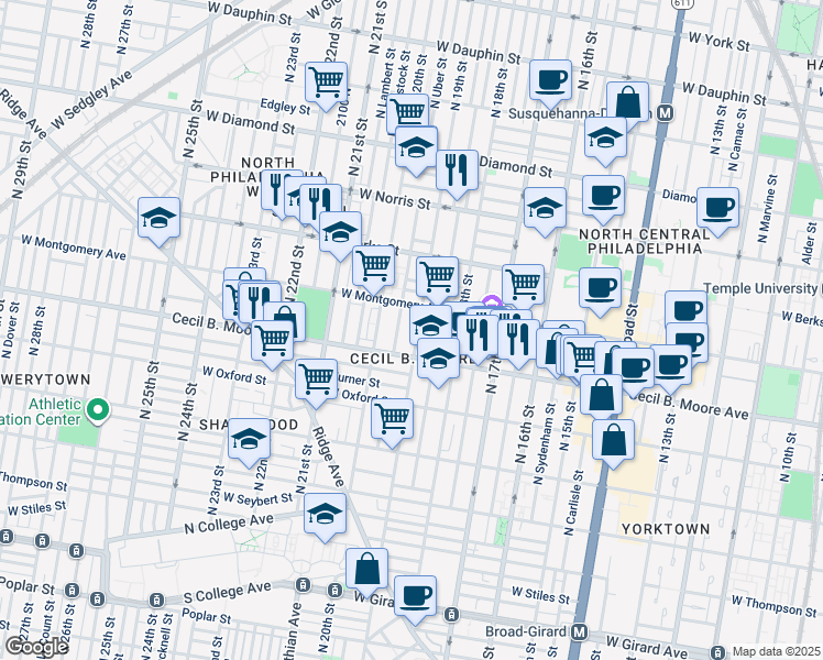 map of restaurants, bars, coffee shops, grocery stores, and more near 1720 North 19th Street in Philadelphia