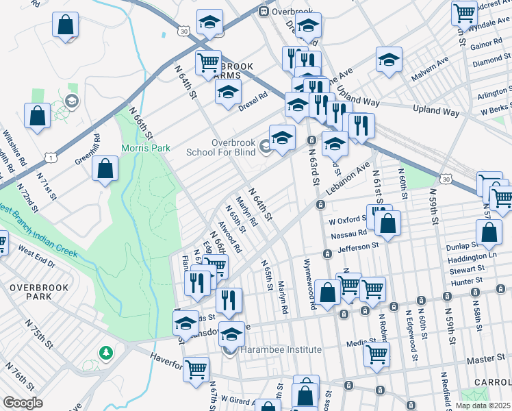 map of restaurants, bars, coffee shops, grocery stores, and more near 1214 North 64th Street in Philadelphia