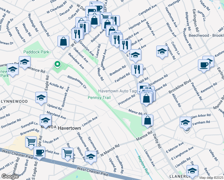 map of restaurants, bars, coffee shops, grocery stores, and more near 72 Harvard Road in Havertown