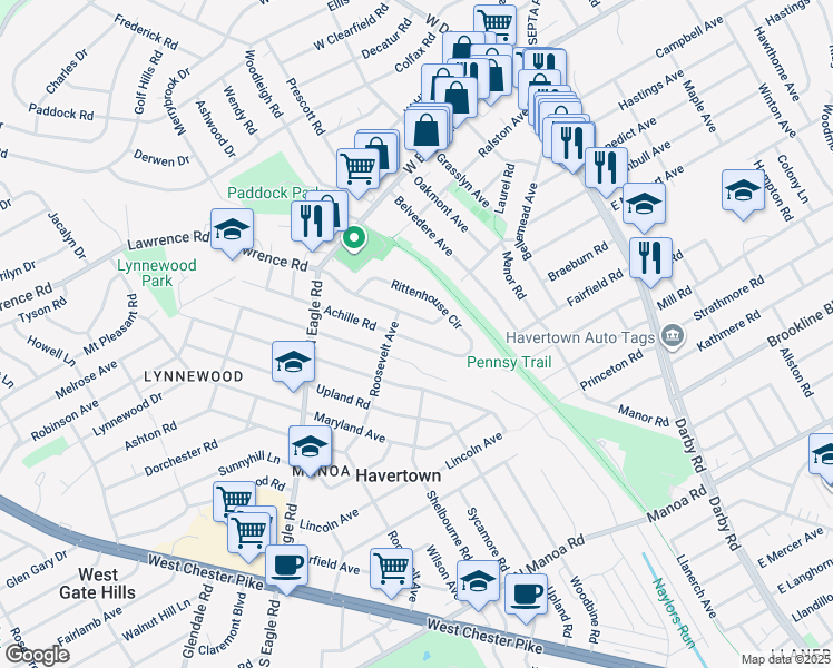 map of restaurants, bars, coffee shops, grocery stores, and more near 417 Achille Road in Havertown