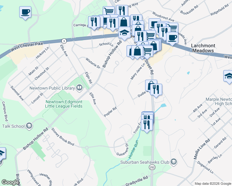 map of restaurants, bars, coffee shops, grocery stores, and more near 19 Newtown Woods Road in Newtown Square