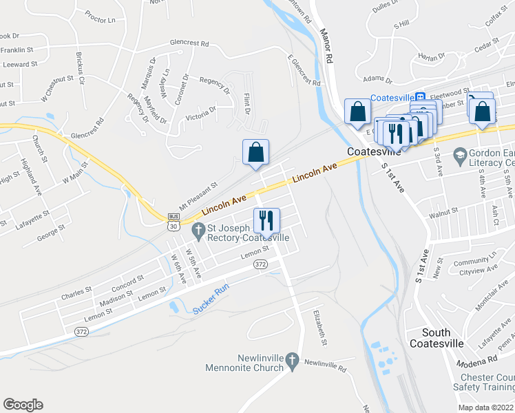 map of restaurants, bars, coffee shops, grocery stores, and more near 18 Strode Avenue in Coatesville