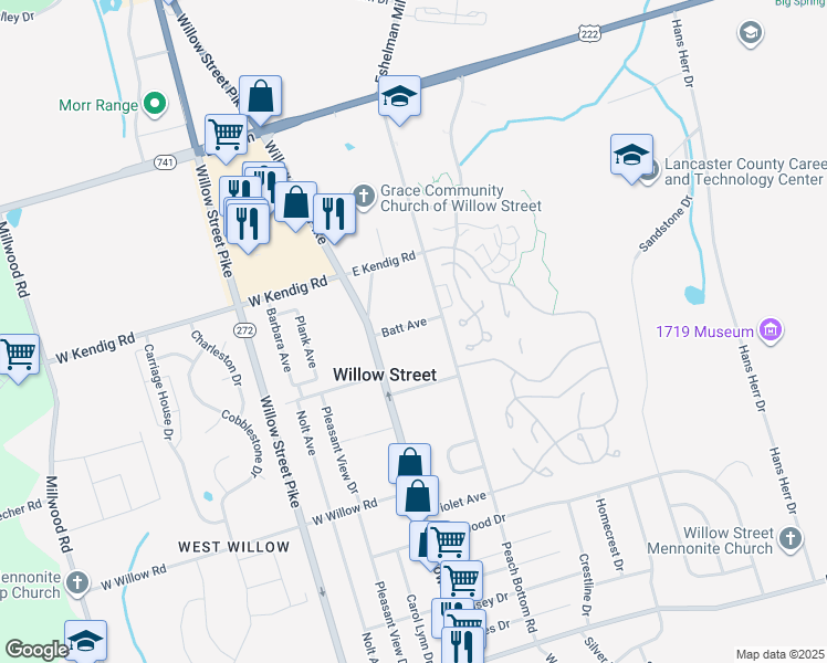 map of restaurants, bars, coffee shops, grocery stores, and more near 20 Batt Avenue in Willow Street