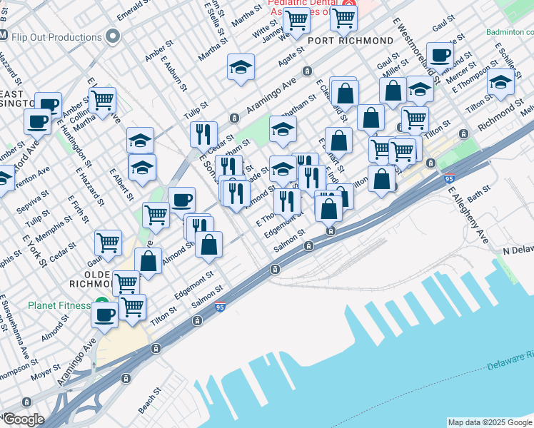 map of restaurants, bars, coffee shops, grocery stores, and more near 2834 East Thompson Street in Philadelphia