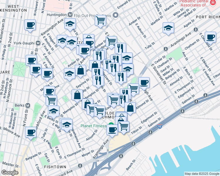 map of restaurants, bars, coffee shops, grocery stores, and more near 2343 East Sergeant Street in Philadelphia