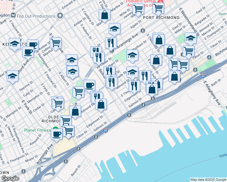 map of restaurants, bars, coffee shops, grocery stores, and more near 2820 Almond Street in Philadelphia