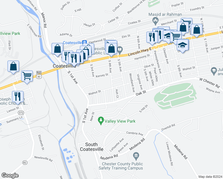 map of restaurants, bars, coffee shops, grocery stores, and more near 362 Walnut Street in Coatesville