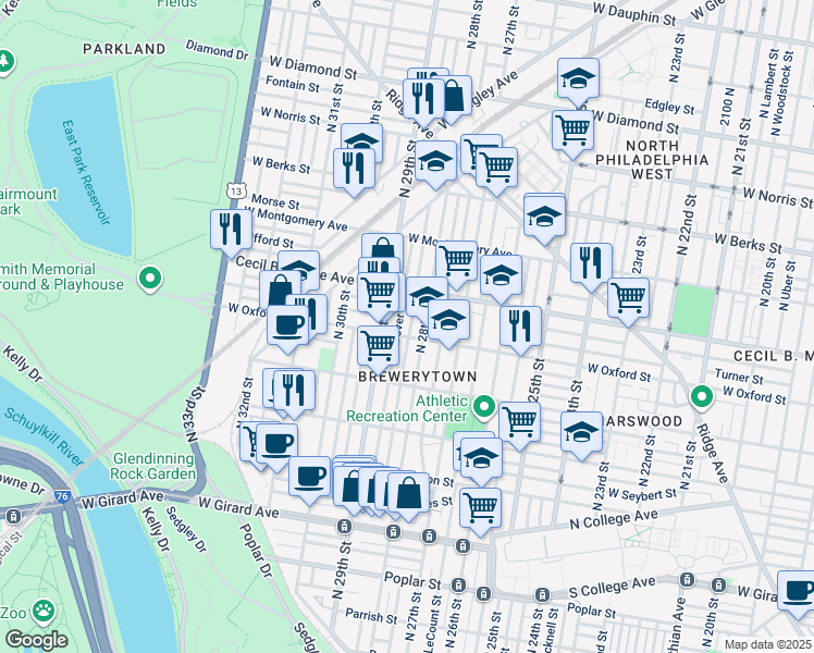 map of restaurants, bars, coffee shops, grocery stores, and more near 1608 North Newkirk Street in Philadelphia