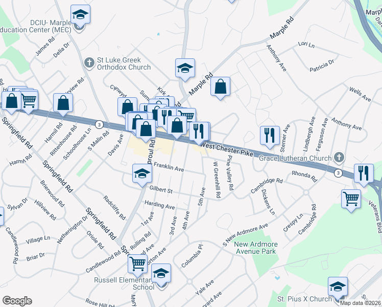 map of restaurants, bars, coffee shops, grocery stores, and more near 12 Oakland Road in Broomall