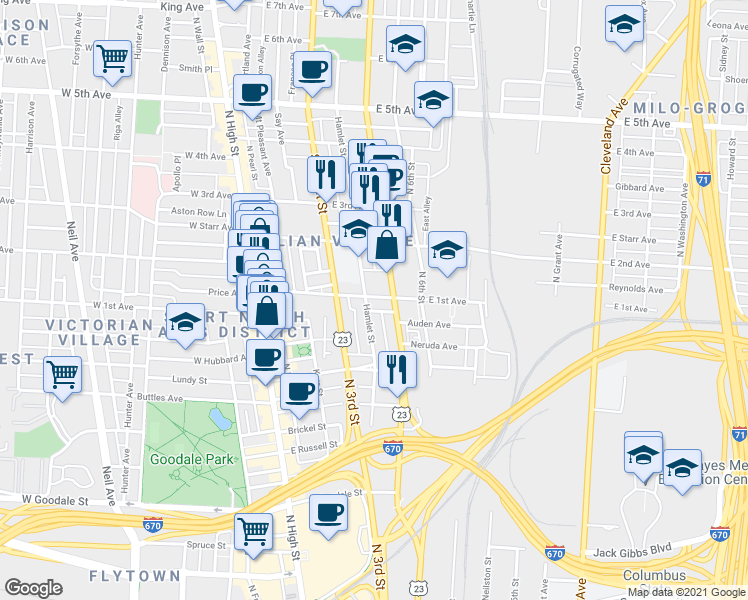 map of restaurants, bars, coffee shops, grocery stores, and more near 181 East 1st Avenue in Columbus
