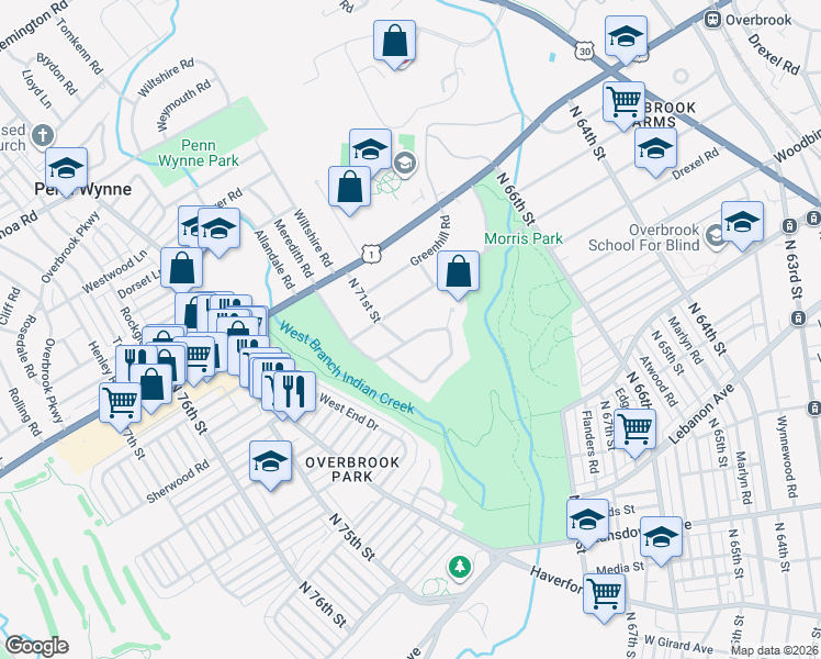 map of restaurants, bars, coffee shops, grocery stores, and more near 7054 Sherwood Road in Philadelphia