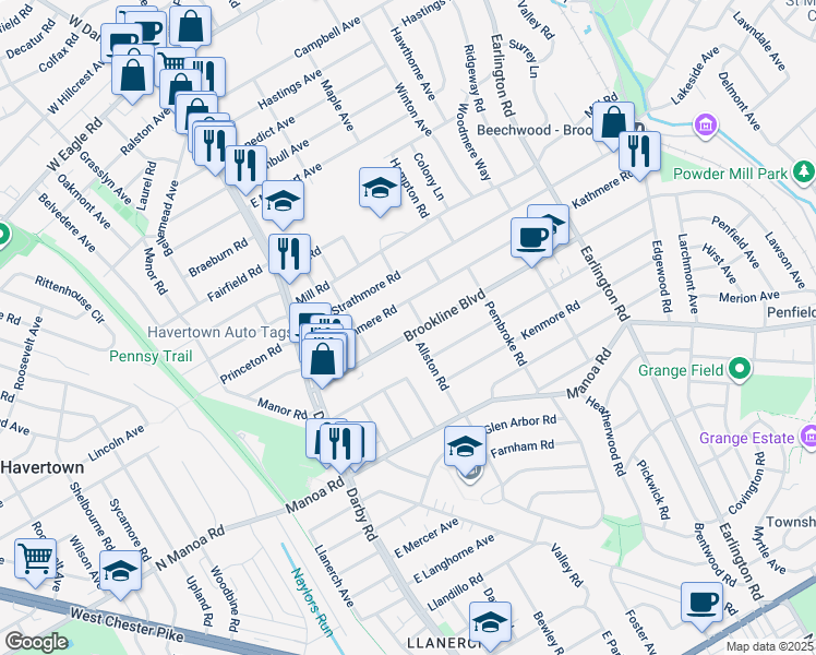 map of restaurants, bars, coffee shops, grocery stores, and more near 138 Brookline Boulevard in Havertown