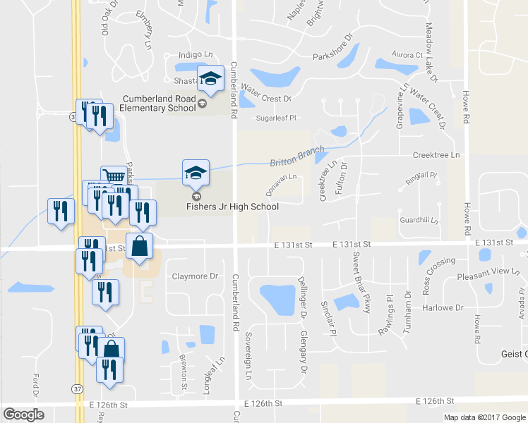 map of restaurants, bars, coffee shops, grocery stores, and more near 13160 Severn Way in Fishers