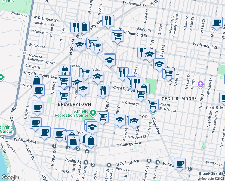 map of restaurants, bars, coffee shops, grocery stores, and more near 2447 Cecil B. Moore Avenue in Philadelphia