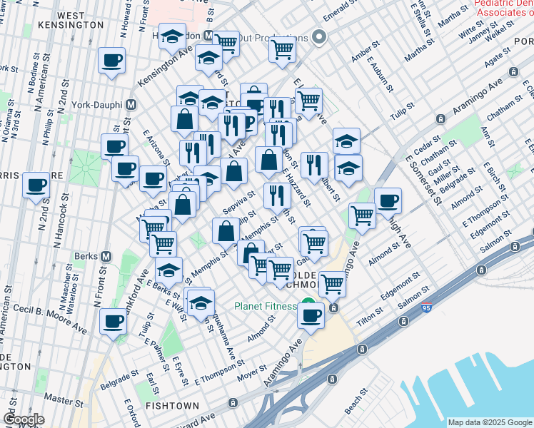 map of restaurants, bars, coffee shops, grocery stores, and more near 2314 East Cumberland Street in Philadelphia