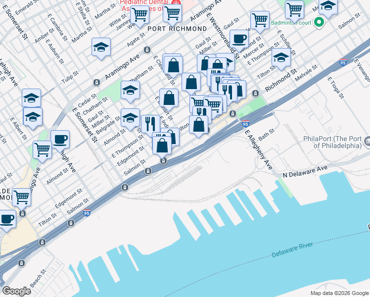 map of restaurants, bars, coffee shops, grocery stores, and more near 3005 Richmond Street in Philadelphia