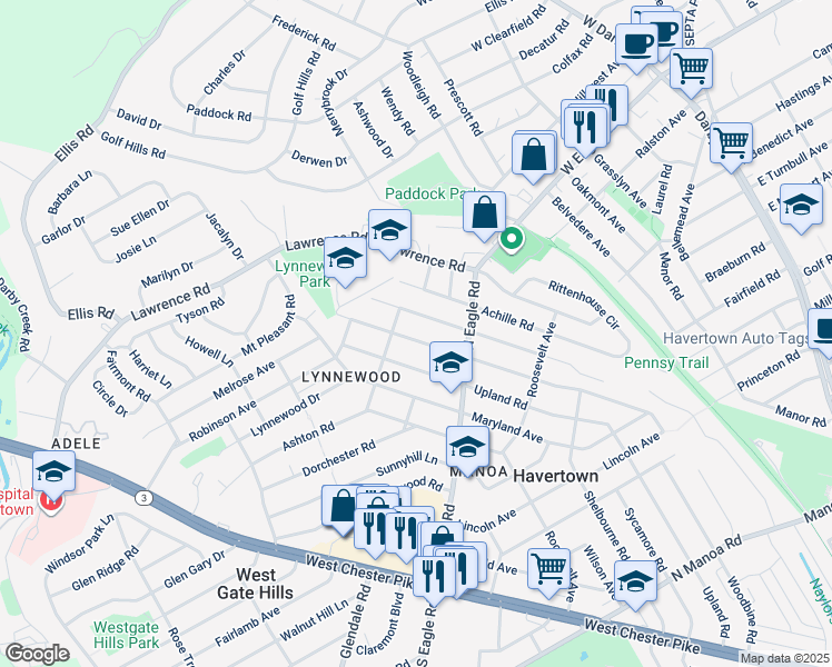 map of restaurants, bars, coffee shops, grocery stores, and more near 1329 Virginia Avenue in Havertown