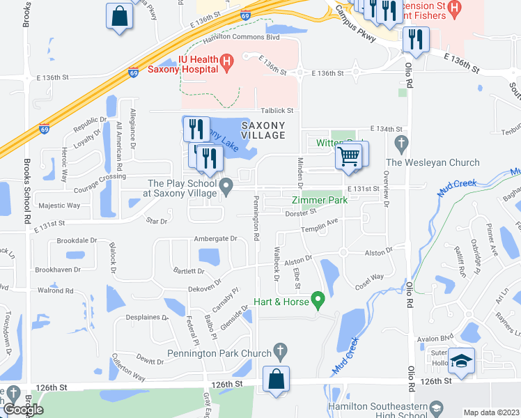 map of restaurants, bars, coffee shops, grocery stores, and more near 13075 Pennington Road in Fishers