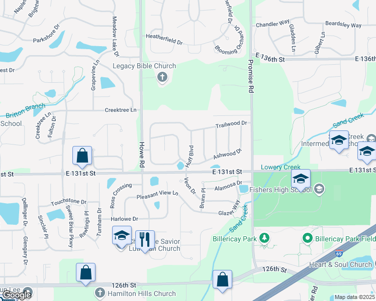 map of restaurants, bars, coffee shops, grocery stores, and more near 13222 Huff Boulevard in Fishers