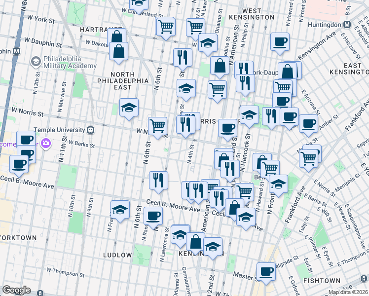 map of restaurants, bars, coffee shops, grocery stores, and more near 402 West Norris Street in Philadelphia