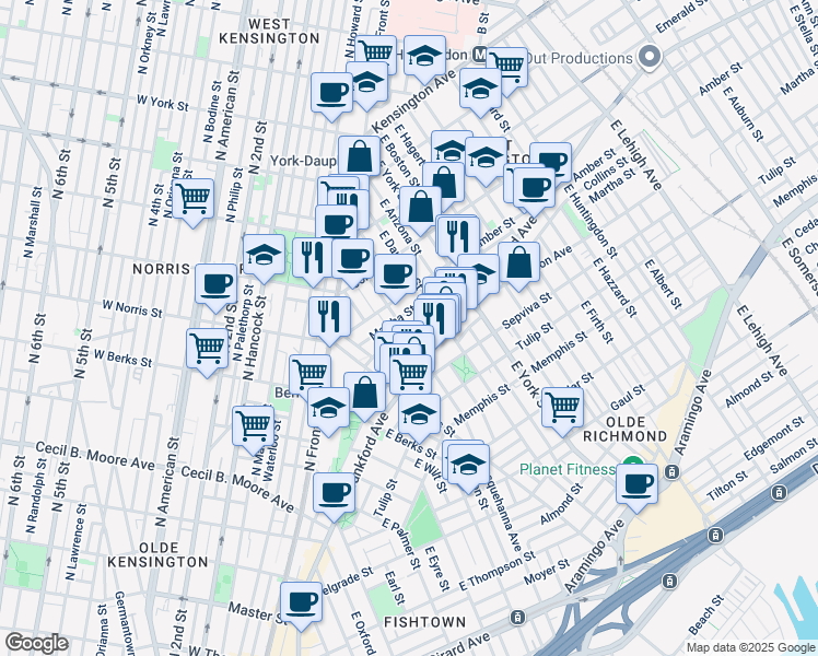 map of restaurants, bars, coffee shops, grocery stores, and more near 2131 East Susquehanna Avenue in Philadelphia
