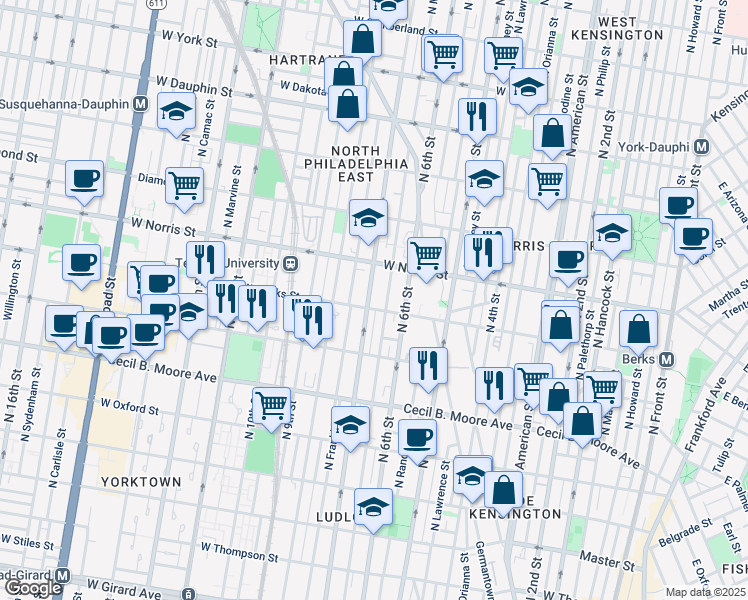 map of restaurants, bars, coffee shops, grocery stores, and more near 1930 North Marshall Street in Philadelphia