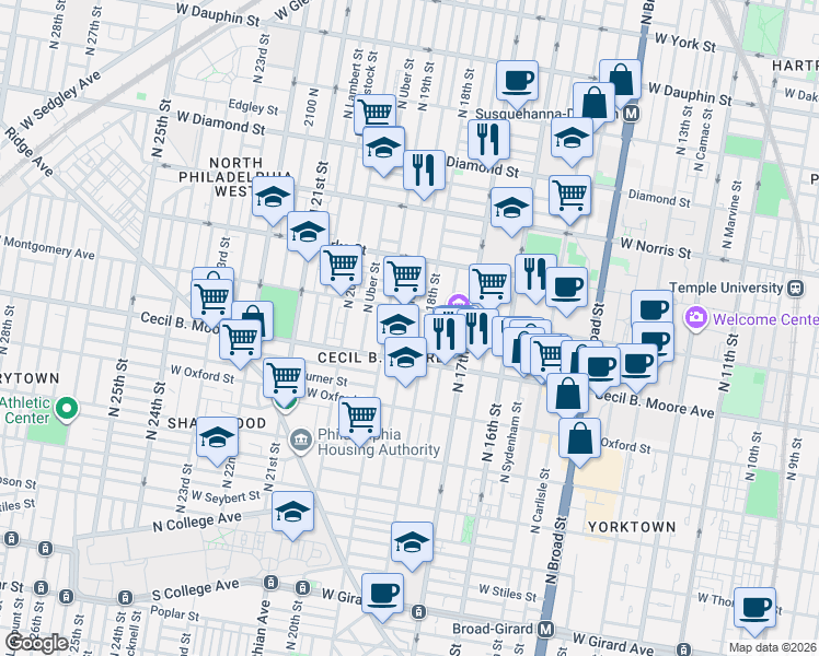 map of restaurants, bars, coffee shops, grocery stores, and more near 1731 North Gratz Street in Philadelphia
