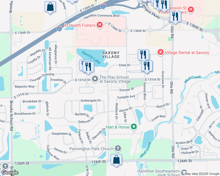 map of restaurants, bars, coffee shops, grocery stores, and more near 13288 E Lieder Way in Fishers