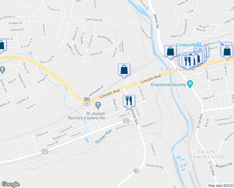 map of restaurants, bars, coffee shops, grocery stores, and more near 334 West Lincoln Highway in Coatesville
