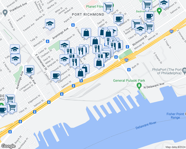 map of restaurants, bars, coffee shops, grocery stores, and more near 3007 Richmond Street in Philadelphia