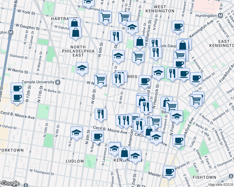 map of restaurants, bars, coffee shops, grocery stores, and more near 402 West Norris Street in Philadelphia