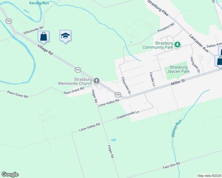 map of restaurants, bars, coffee shops, grocery stores, and more near 1523 Village Road in Strasburg