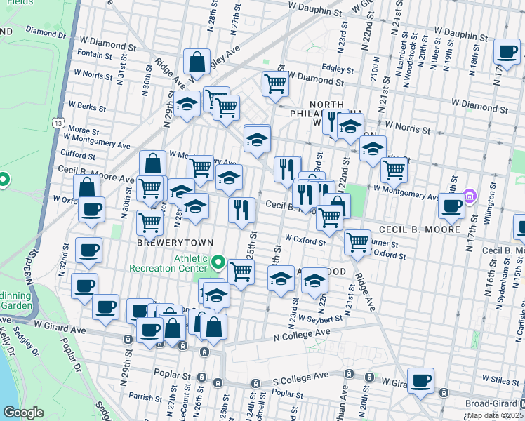 map of restaurants, bars, coffee shops, grocery stores, and more near 2447 Nicholas Street in Philadelphia