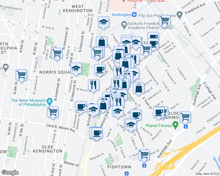 map of restaurants, bars, coffee shops, grocery stores, and more near 2071 Martha Street in Philadelphia