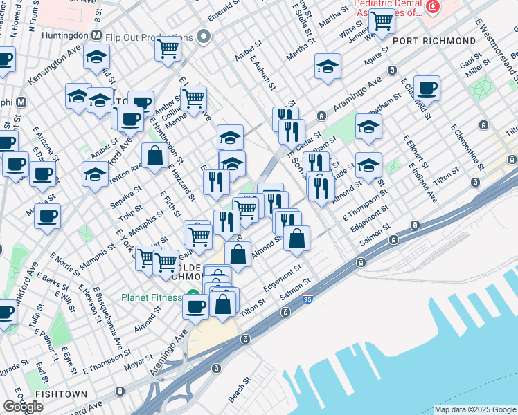 map of restaurants, bars, coffee shops, grocery stores, and more near 2451 East Oakdale Street in Philadelphia