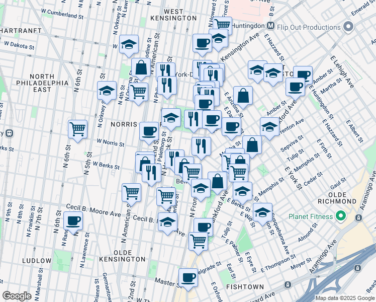 map of restaurants, bars, coffee shops, grocery stores, and more near 2012 North Howard Street in Philadelphia
