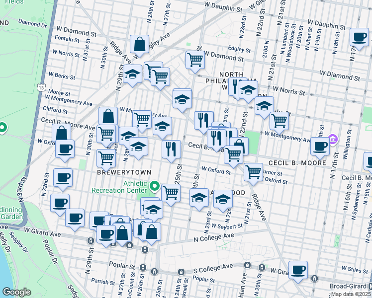 map of restaurants, bars, coffee shops, grocery stores, and more near 2447 Nicholas Street in Philadelphia