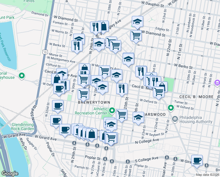 map of restaurants, bars, coffee shops, grocery stores, and more near 2618 Cecil B. Moore Avenue in Philadelphia