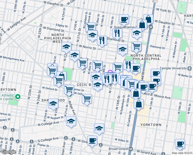 map of restaurants, bars, coffee shops, grocery stores, and more near 1728 North Gratz Street in Philadelphia
