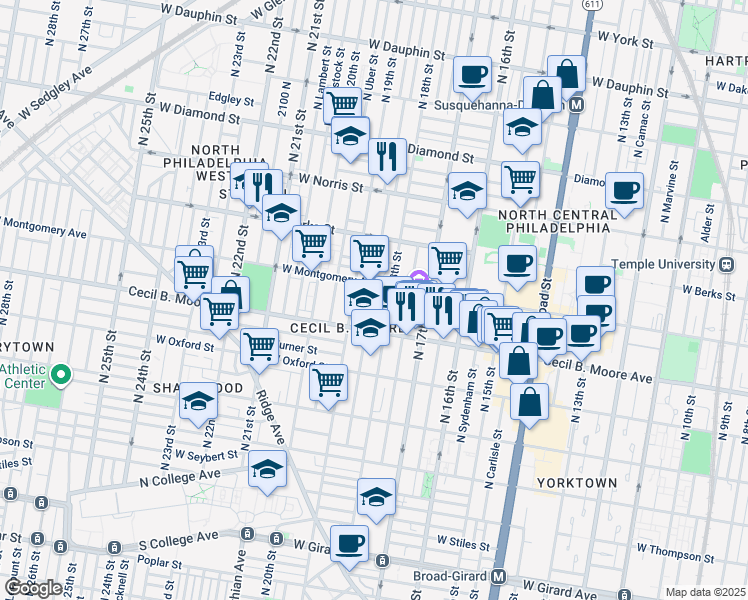 map of restaurants, bars, coffee shops, grocery stores, and more near 1731 North Gratz Street in Philadelphia