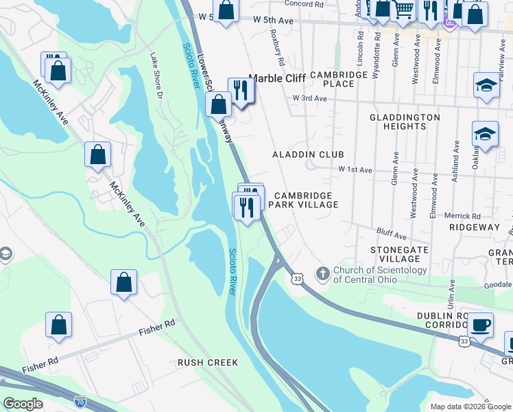 map of restaurants, bars, coffee shops, grocery stores, and more near 1340 Dublin Road in Columbus