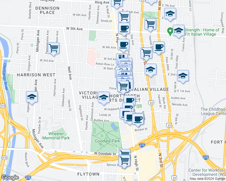 map of restaurants, bars, coffee shops, grocery stores, and more near 61 Price Avenue in Columbus
