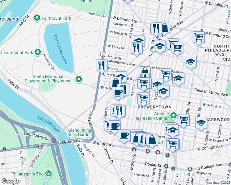 map of restaurants, bars, coffee shops, grocery stores, and more near 3101 West Glenwood Avenue in Philadelphia