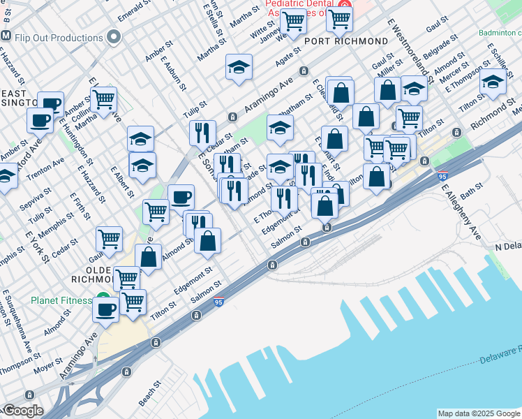 map of restaurants, bars, coffee shops, grocery stores, and more near 2848R East Thompson Street in Philadelphia