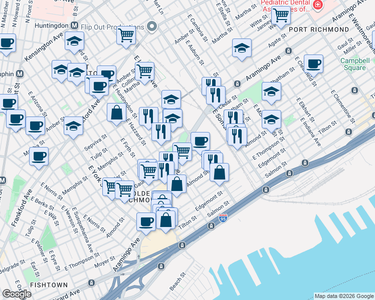 map of restaurants, bars, coffee shops, grocery stores, and more near 2444 East Lehigh Avenue in Philadelphia