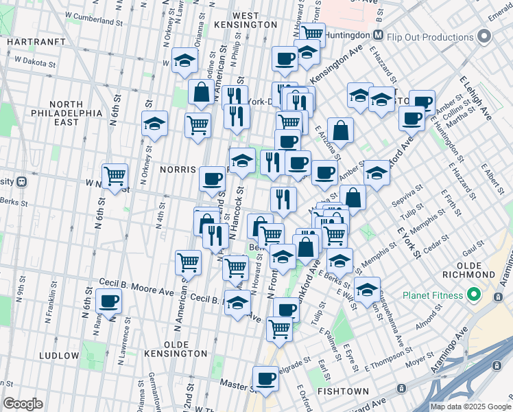 map of restaurants, bars, coffee shops, grocery stores, and more near 2023 North Mascher Street in Philadelphia