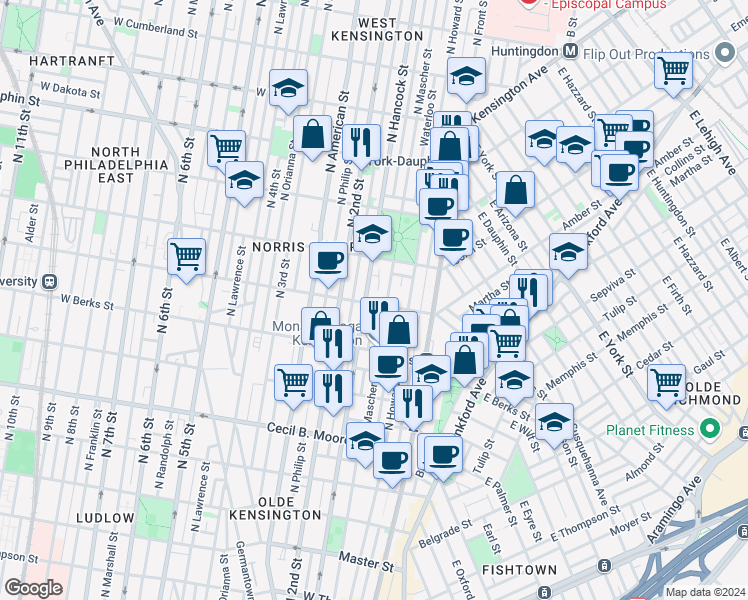 map of restaurants, bars, coffee shops, grocery stores, and more near 2023 North Mascher Street in Philadelphia