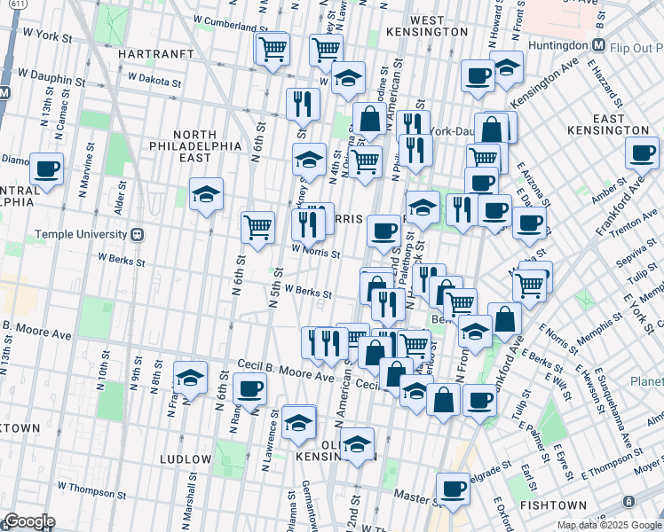 map of restaurants, bars, coffee shops, grocery stores, and more near 1955 North Orianna Street in Philadelphia